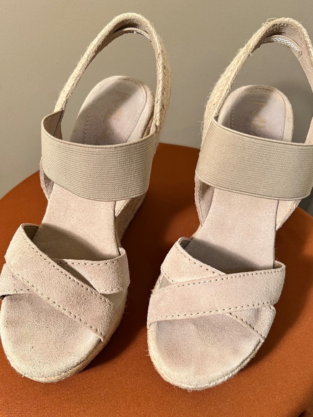 Espadrille Wedge Heel open toe taupe suede crisscross sandal